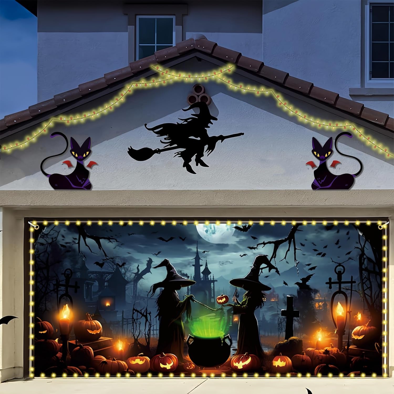 Illuminated Halloween Garage Door Banner with Witch Design, 6X13 Ft