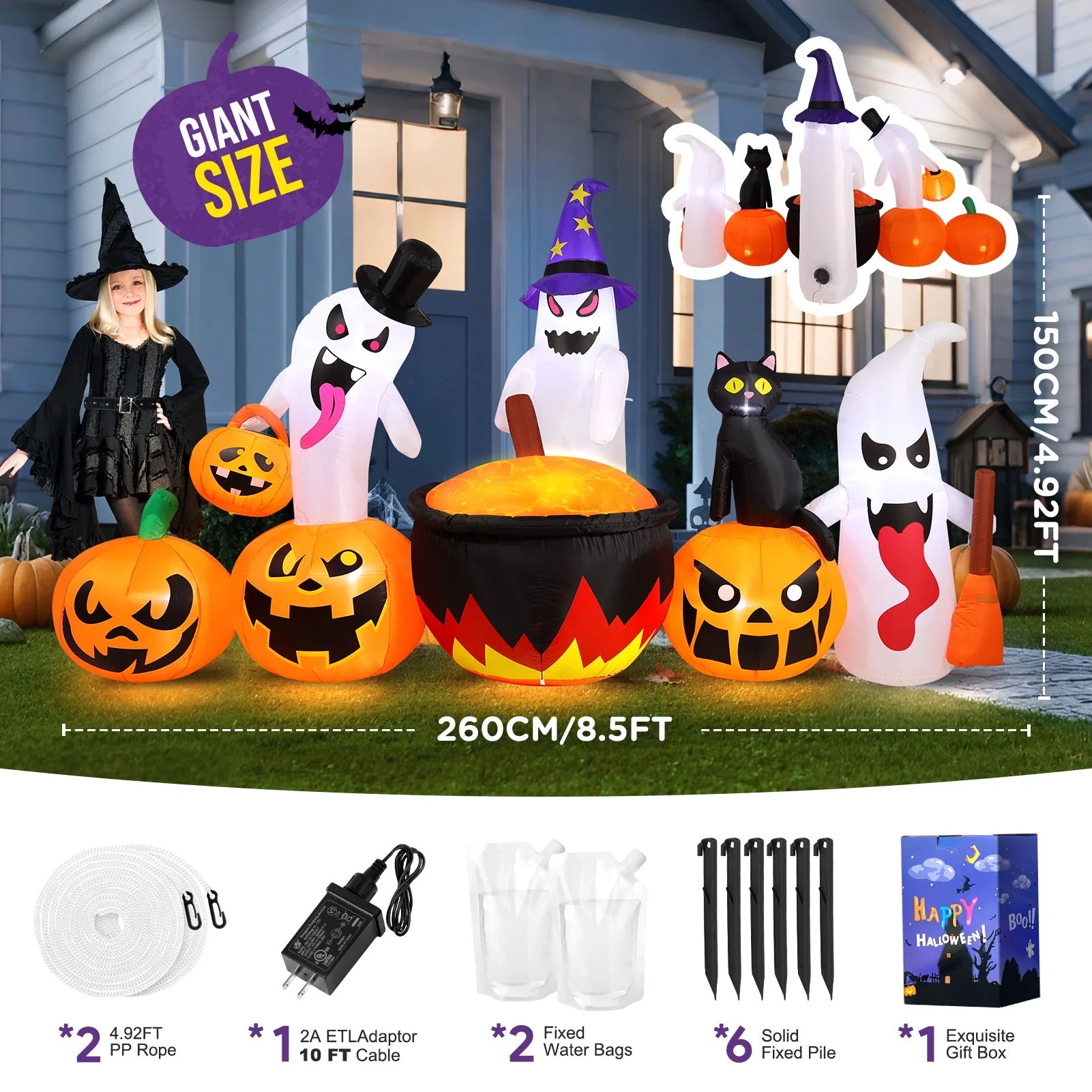 8.5FT Halloween Inflatables Pumpkin Ghost Family with Built-In LED Lights