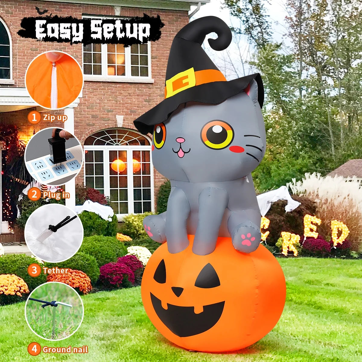 Halloween Inflatable 6 FT Inflatable Halloween Cat Sitting on Pumpkin