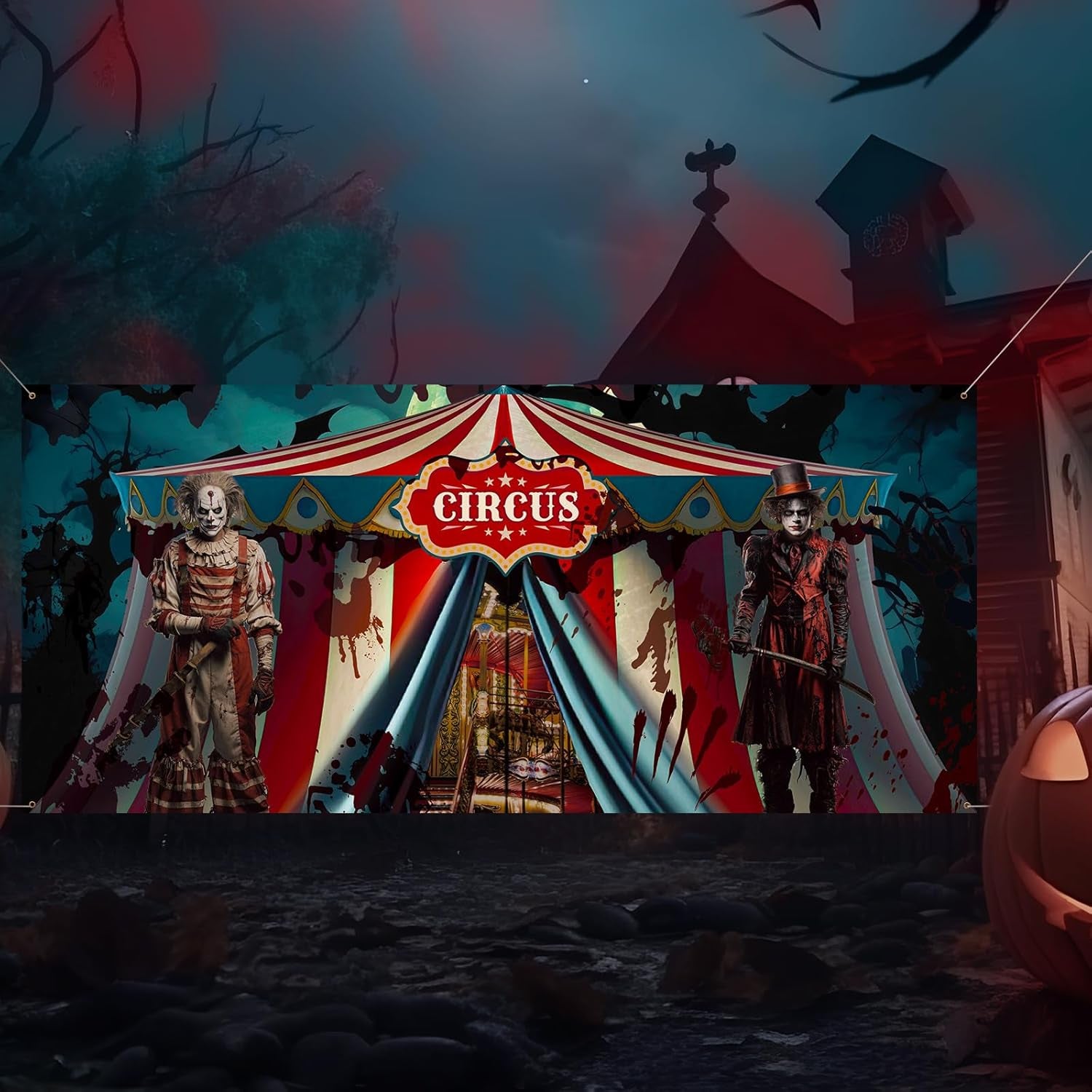 Halloween Evil Circus Garage Door Banner - Scary Clown Decorations 6X13 Ft