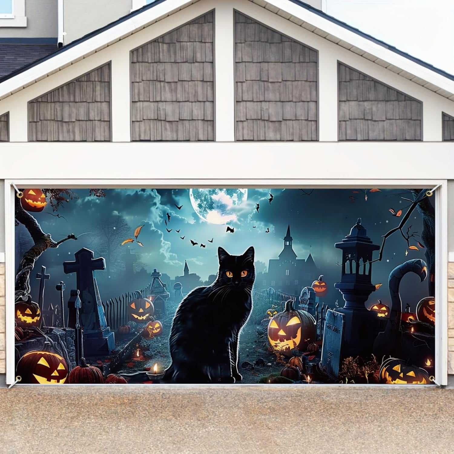 Halloween Garage Door Banner - Spooky Cat Mural for Indoor/Outdoor Decor 6X13 Ft