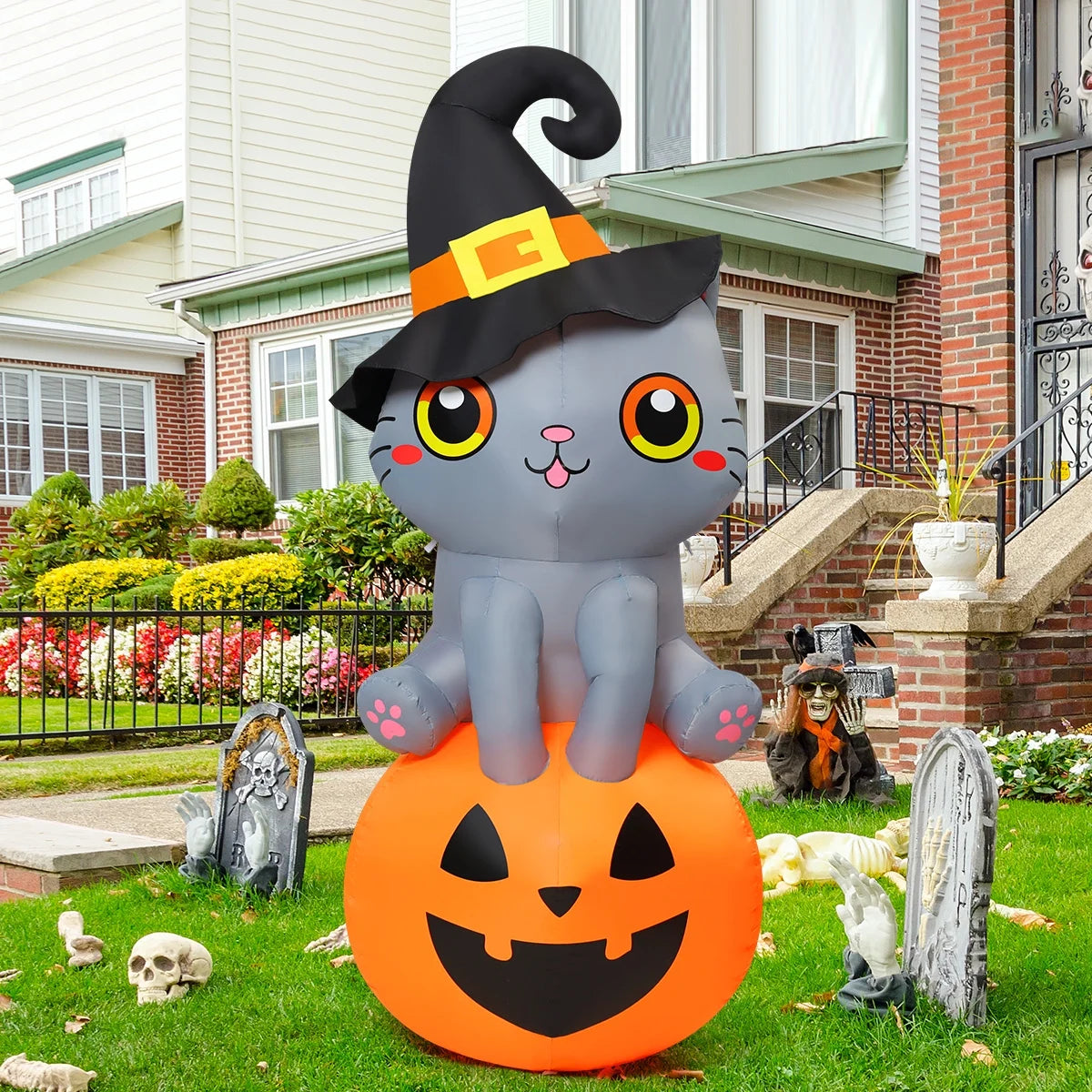 Halloween Inflatable 6 FT Inflatable Halloween Cat Sitting on Pumpkin