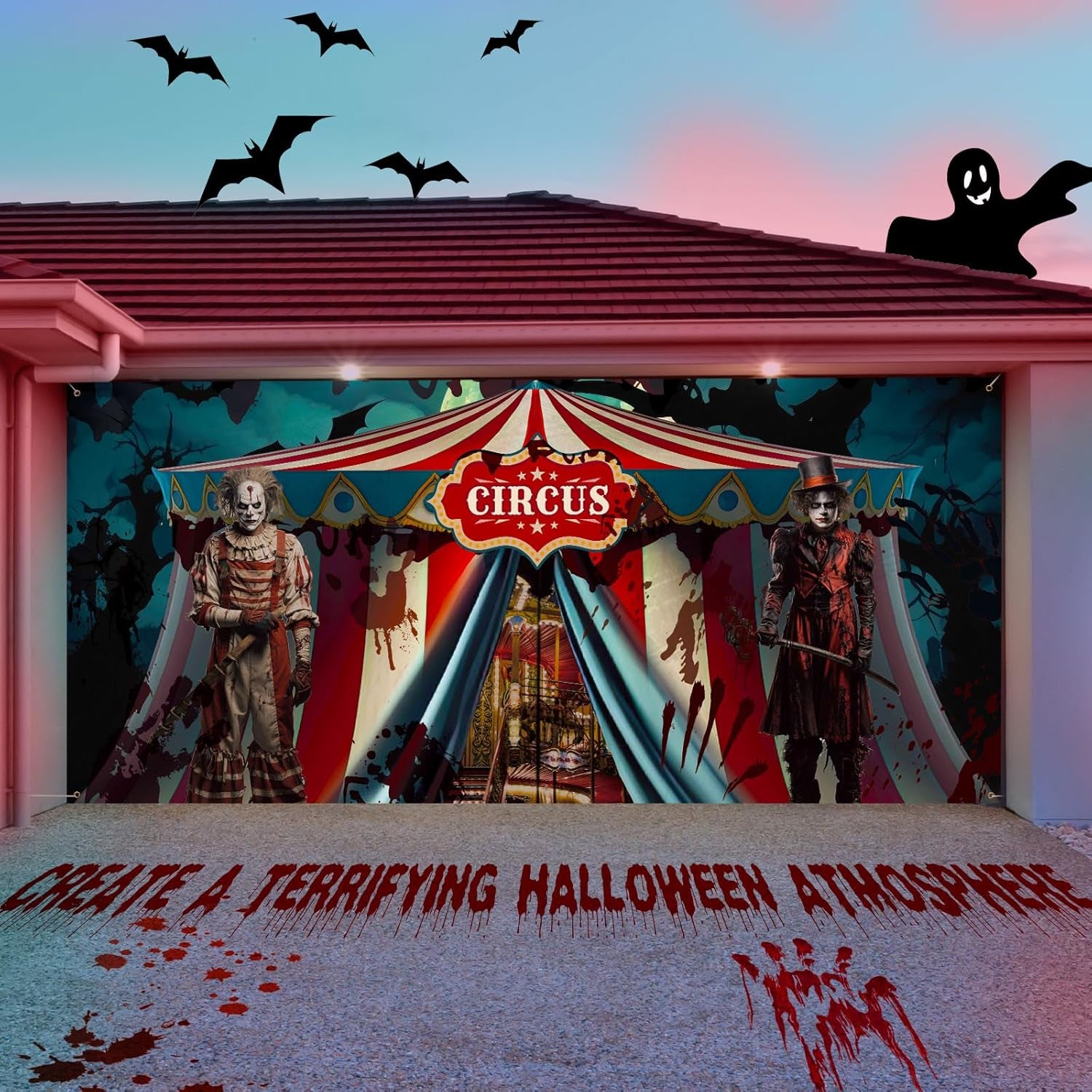 Halloween Evil Circus Garage Door Banner - Scary Clown Decorations 6X13 Ft