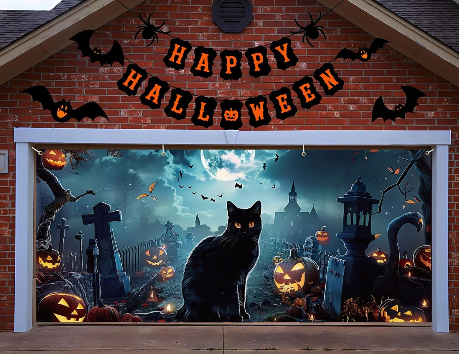 Halloween Garage Door Banner - Spooky Cat Mural for Indoor/Outdoor Decor 6X13 Ft