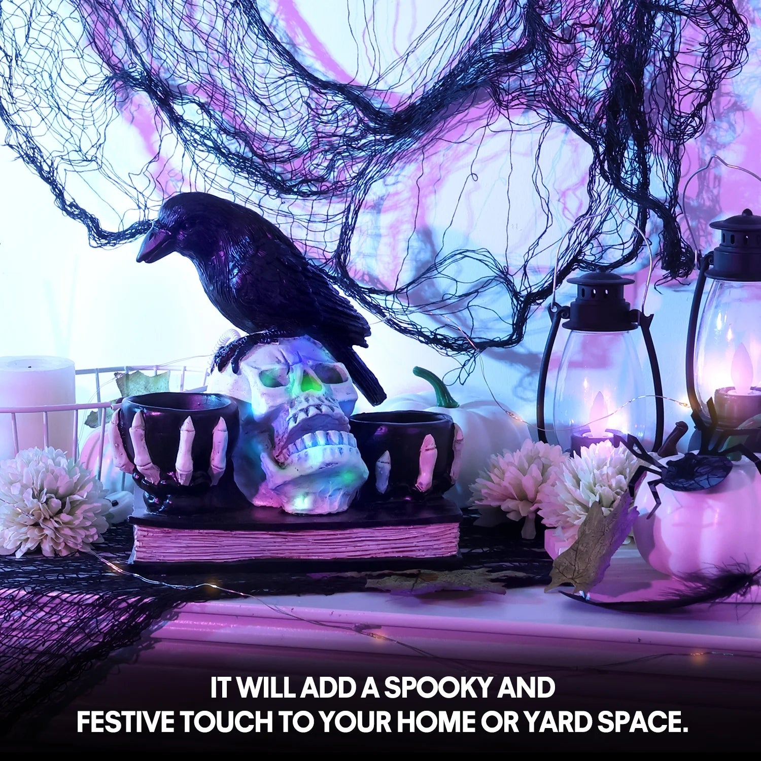 Light up Halloween Decorations Skull with Raven, Resin Halloween Candle Holder