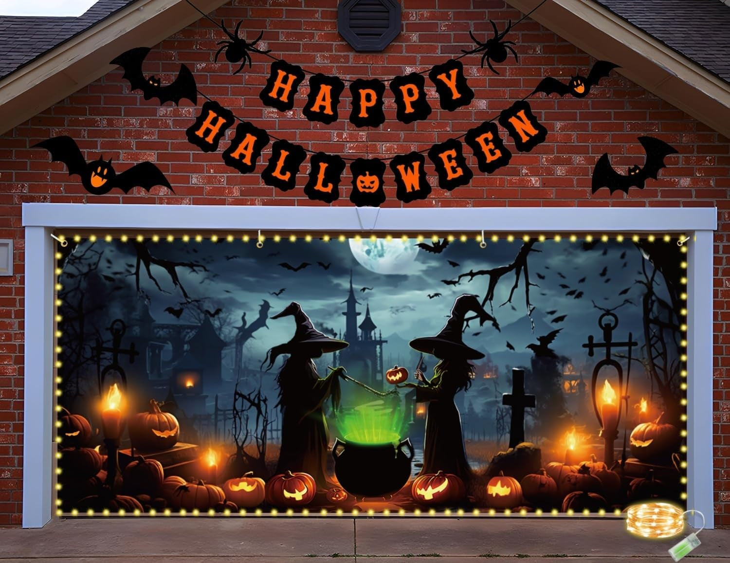 Illuminated Halloween Garage Door Banner with Witch Design, 6X13 Ft