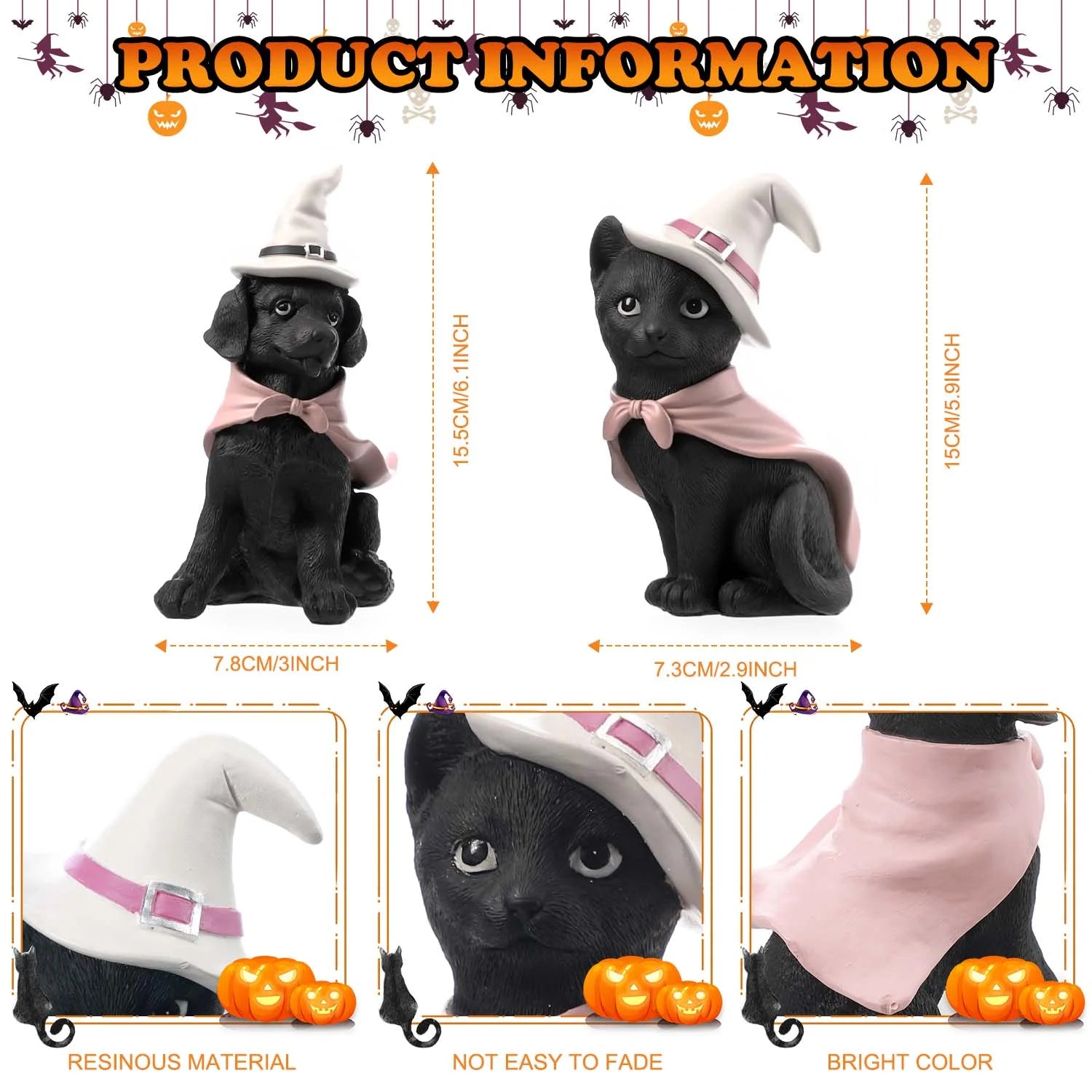 Set of 2, Black Cat and Black Dog for Vintage Halloween Cat Decor