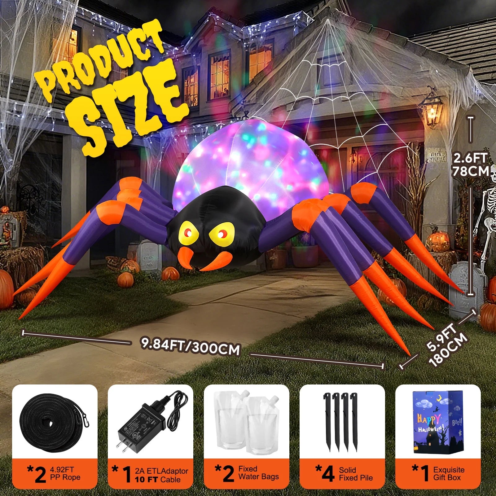 10Ft Halloween Inflatables Decorations Spider Built-In 7-Colors Changing LED Lights