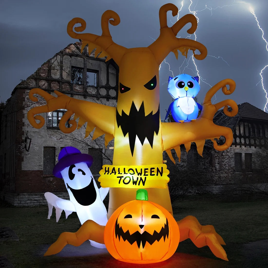 Halloween Inflatables 8 FT Halloween Inflatable Tree with Ghost Pumpkin and Owl