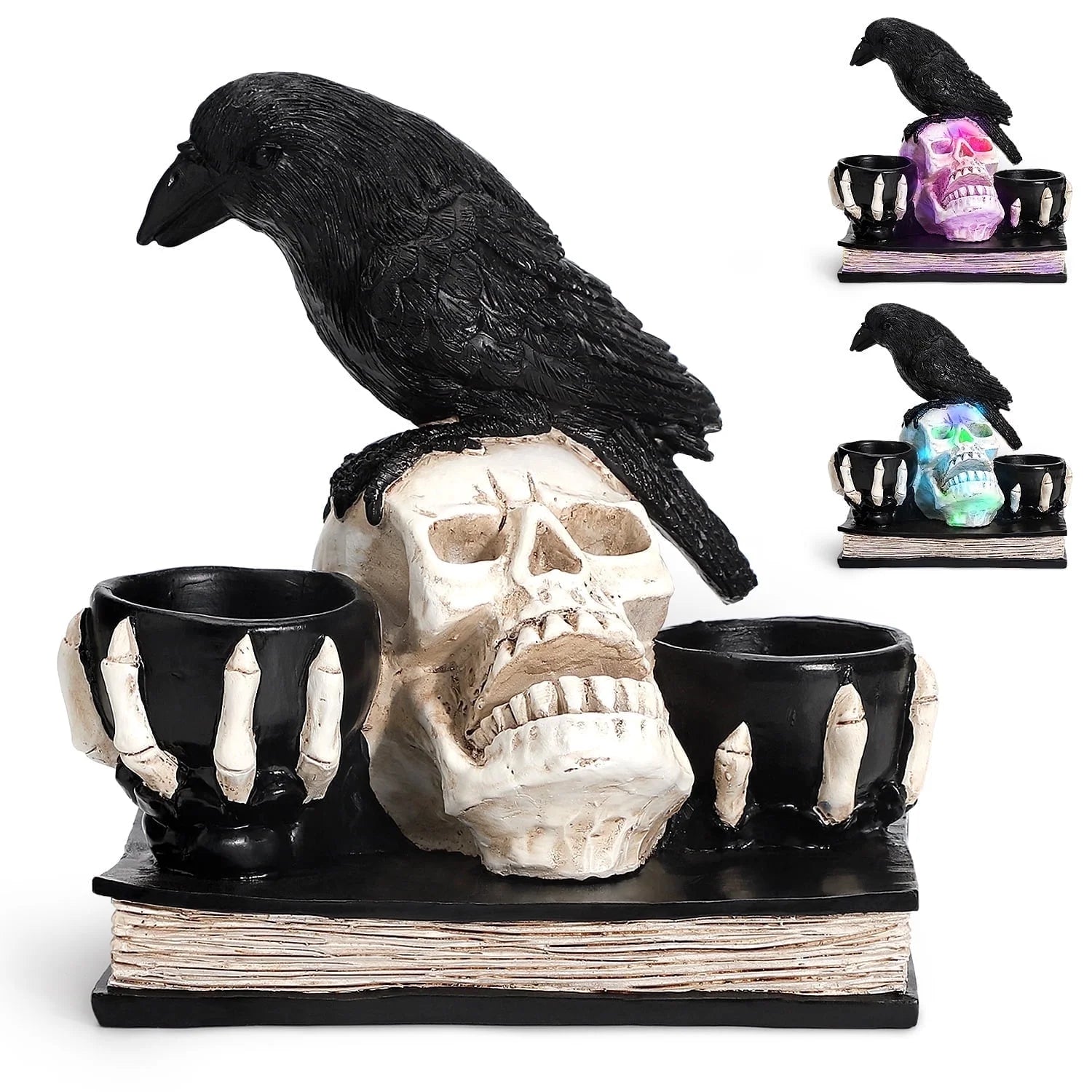 Light up Halloween Decorations Skull with Raven, Resin Halloween Candle Holder
