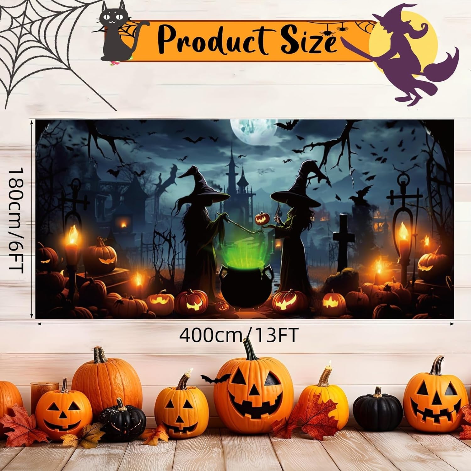 Illuminated Halloween Garage Door Banner with Witch Design, 6X13 Ft