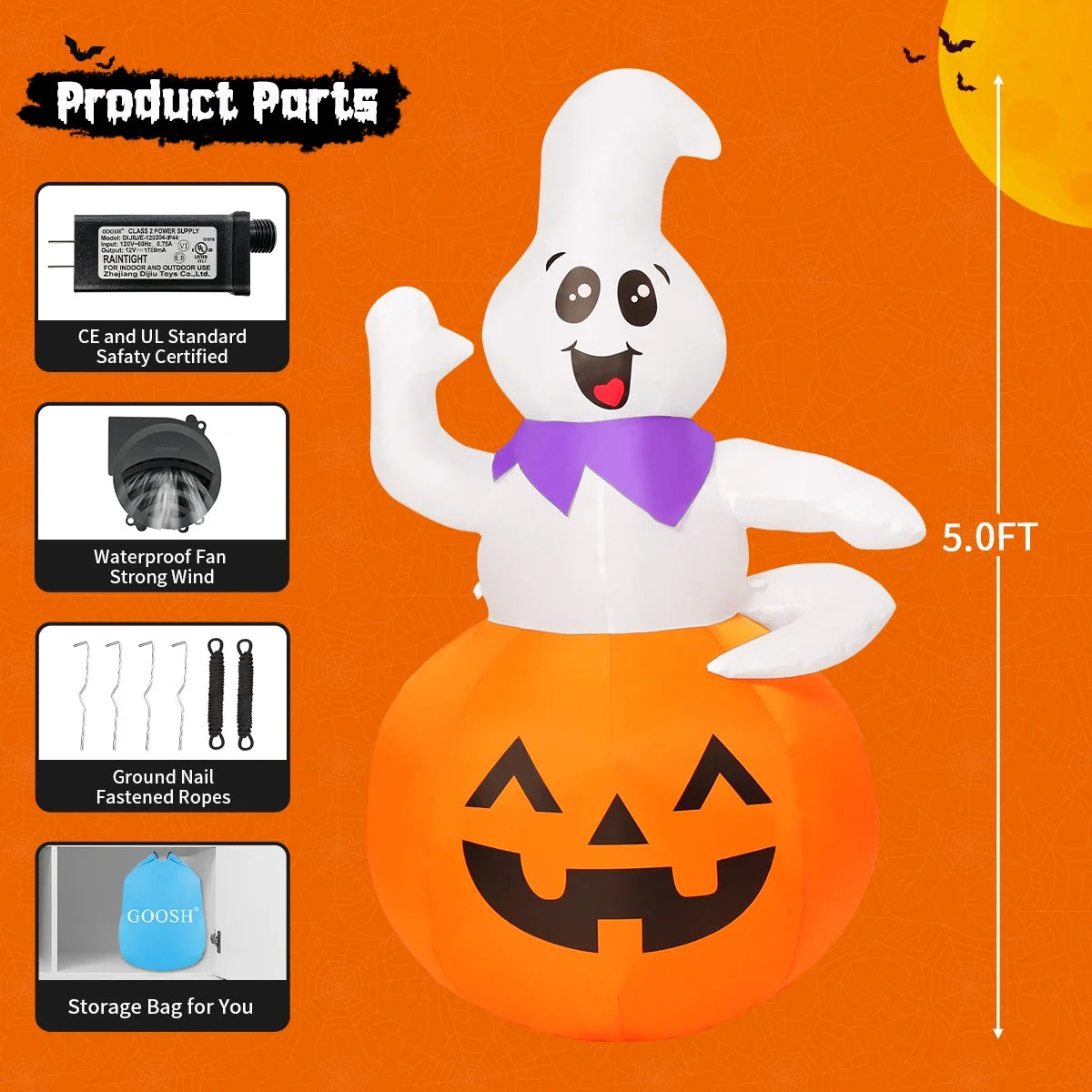 Halloween Inflatable 5 FT Pumpkin Ghost Inflatable