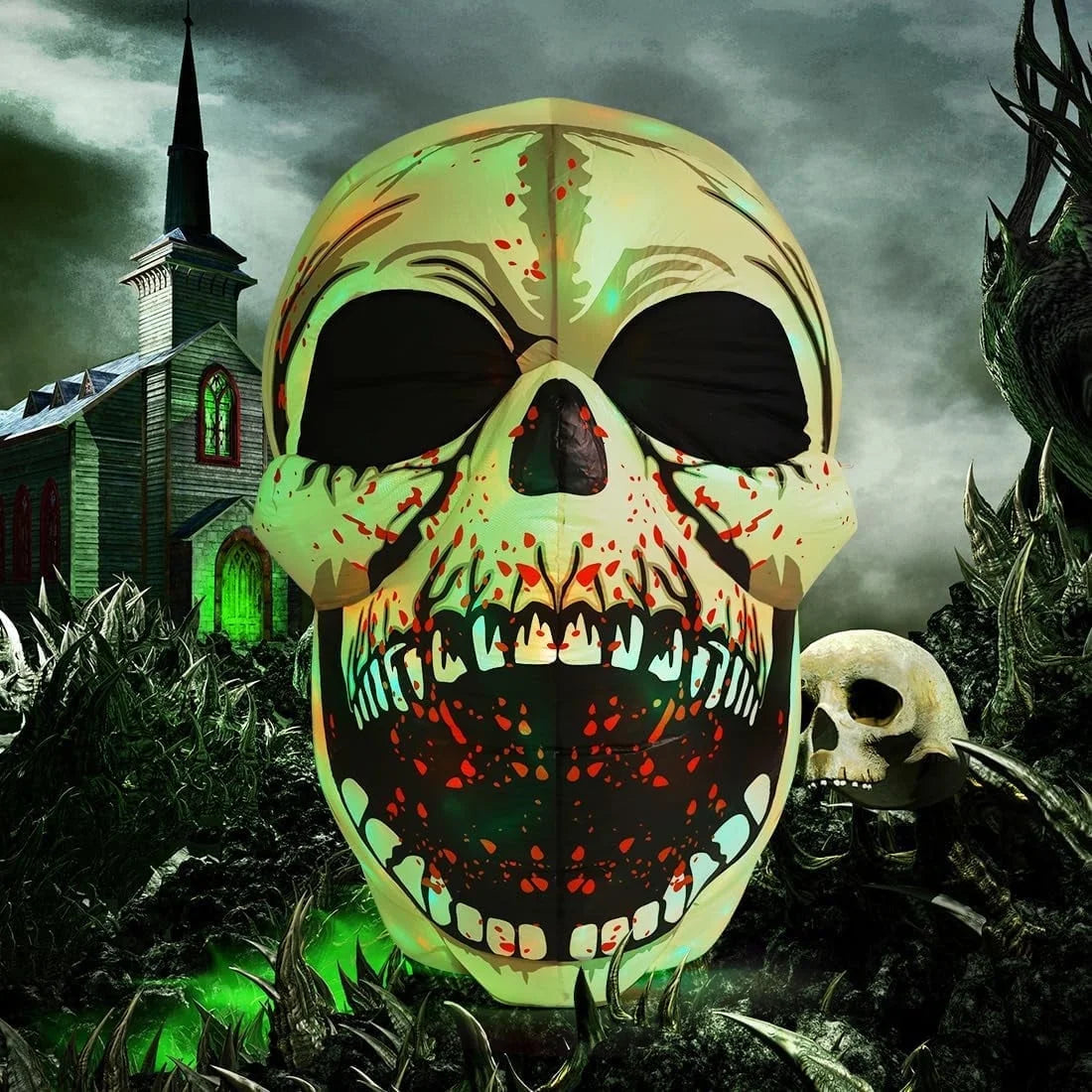 Halloween Inflatables 4 FT High Halloween Inflatable Skull with Magic Leds