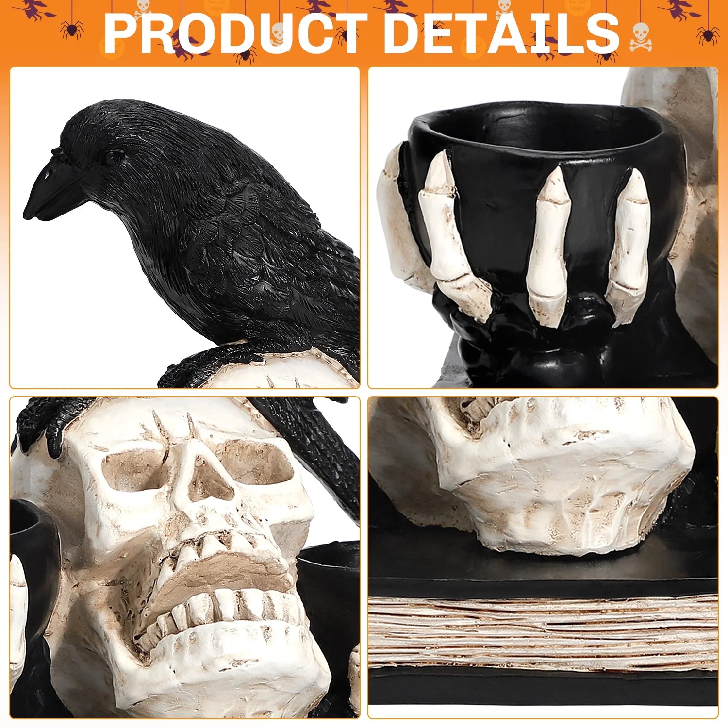 Light up Halloween Decorations Skull with Raven, Resin Halloween Candle Holder