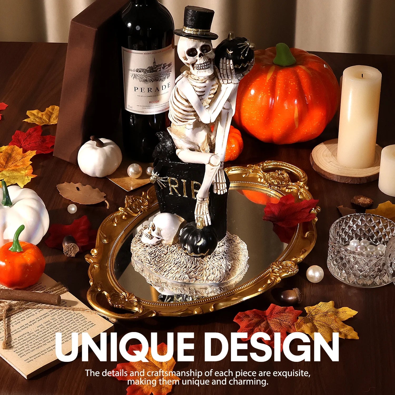 Halloween Skeleton Decorations, Resin Skeleton Figurines on Tombstone