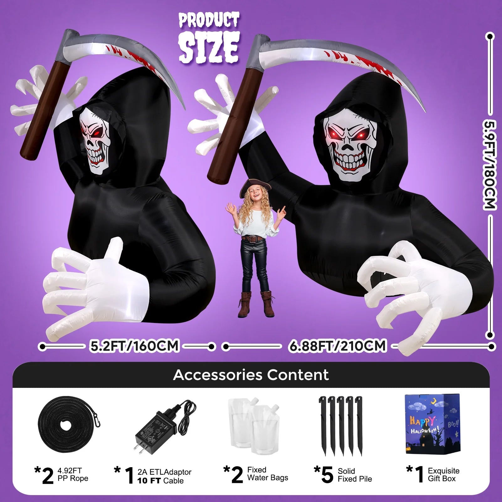 5.9FT Halloween Inflatables Grim Reaper with LED Lights 