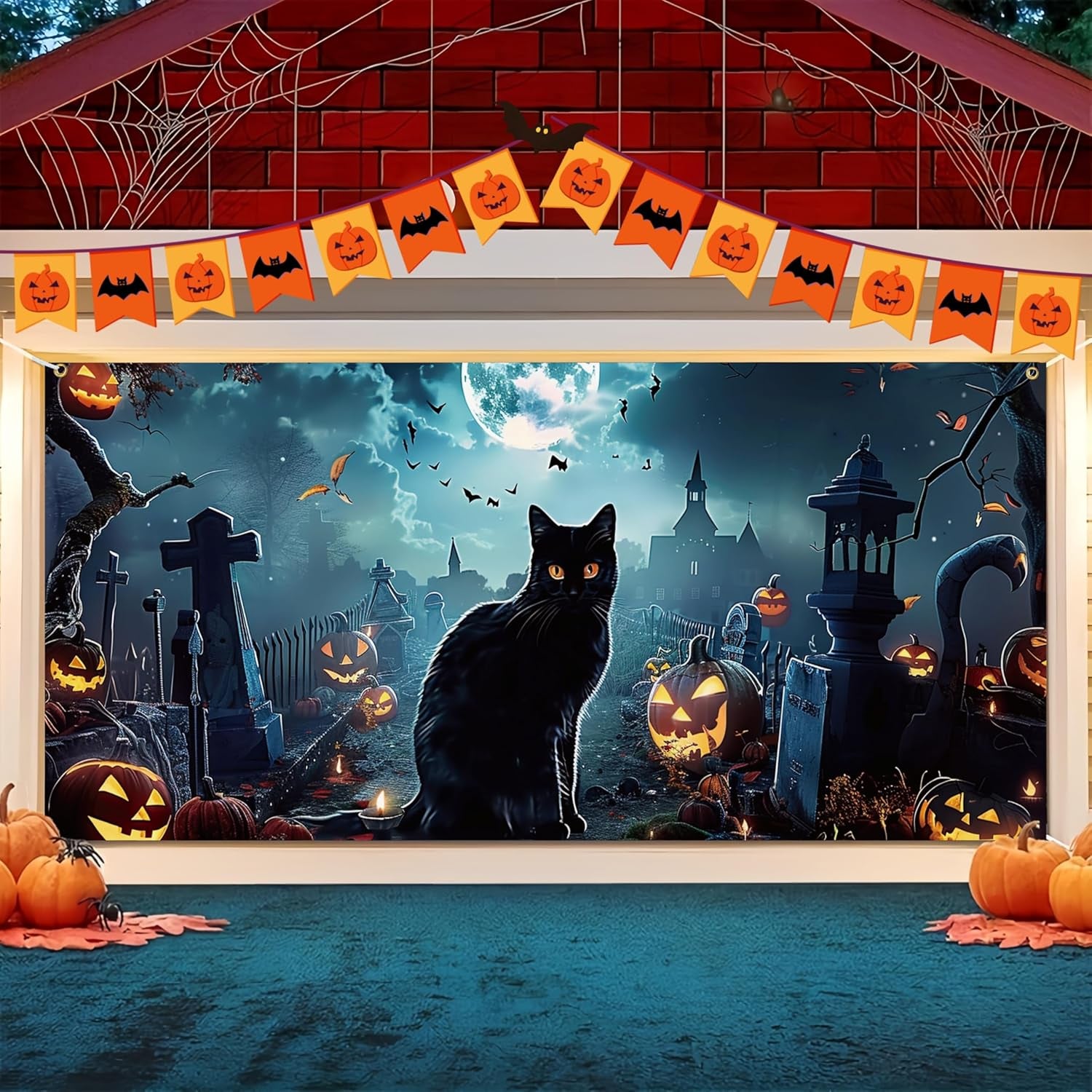 Halloween Garage Door Banner - Spooky Cat Mural for Indoor/Outdoor Decor 6X13 Ft