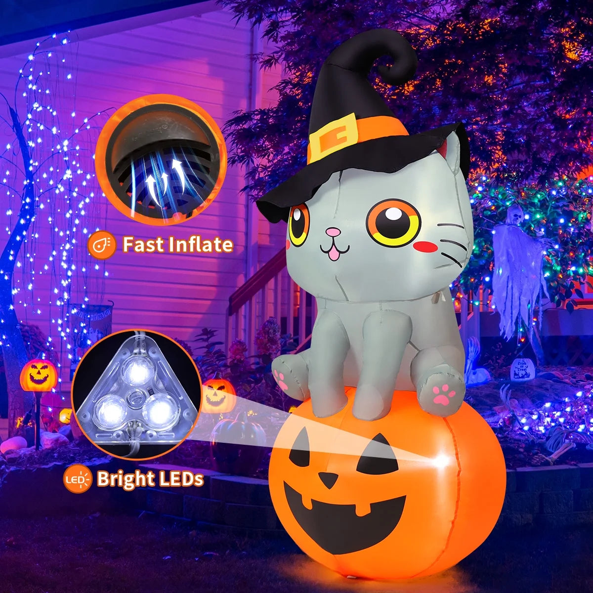 Halloween Inflatable 6 FT Inflatable Halloween Cat Sitting on Pumpkin