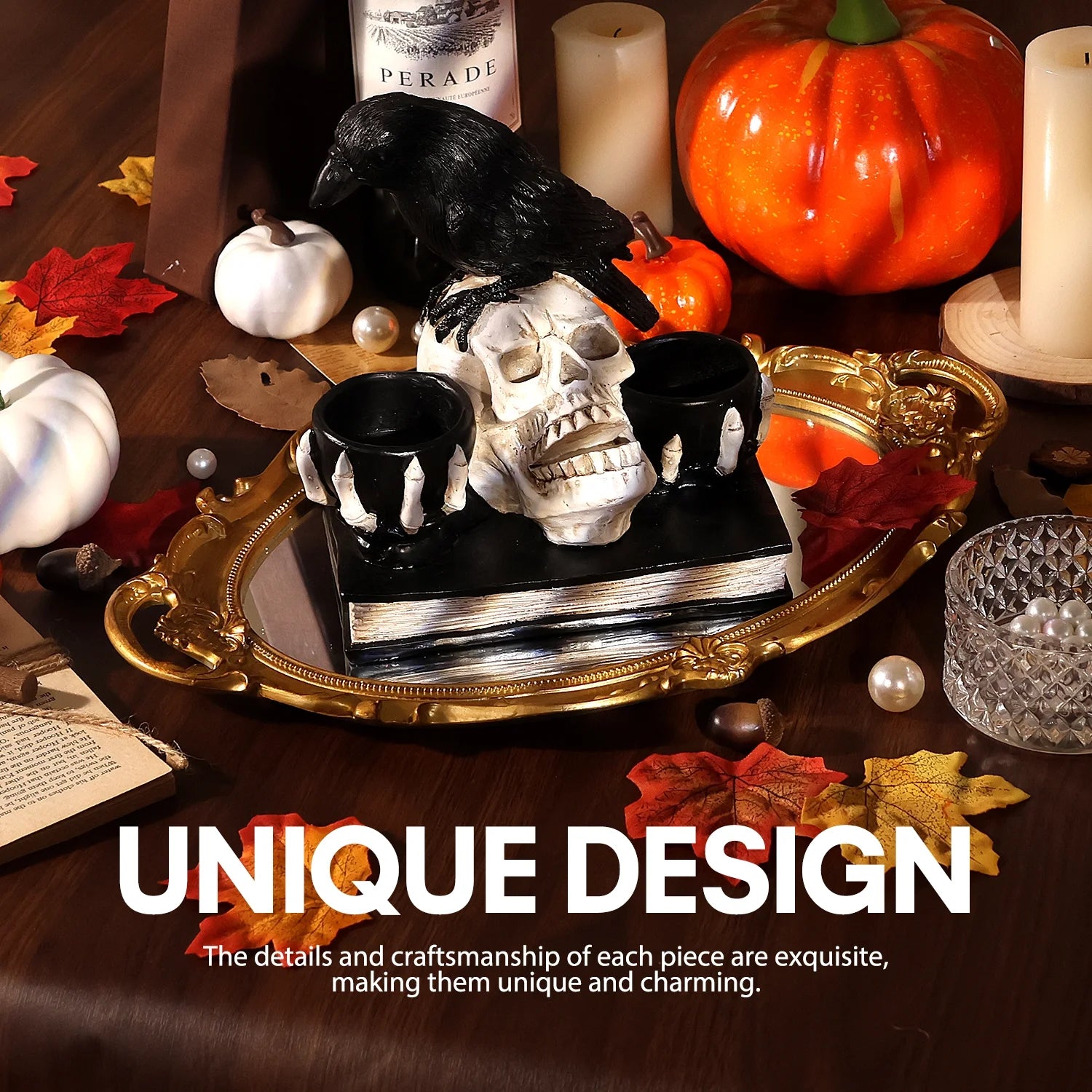 Light up Halloween Decorations Skull with Raven, Resin Halloween Candle Holder