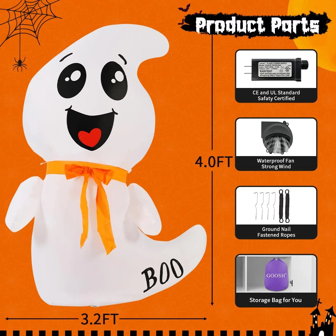 Halloween Inflatables 4 FT Inflatable Ghost with Built-In LED Lights