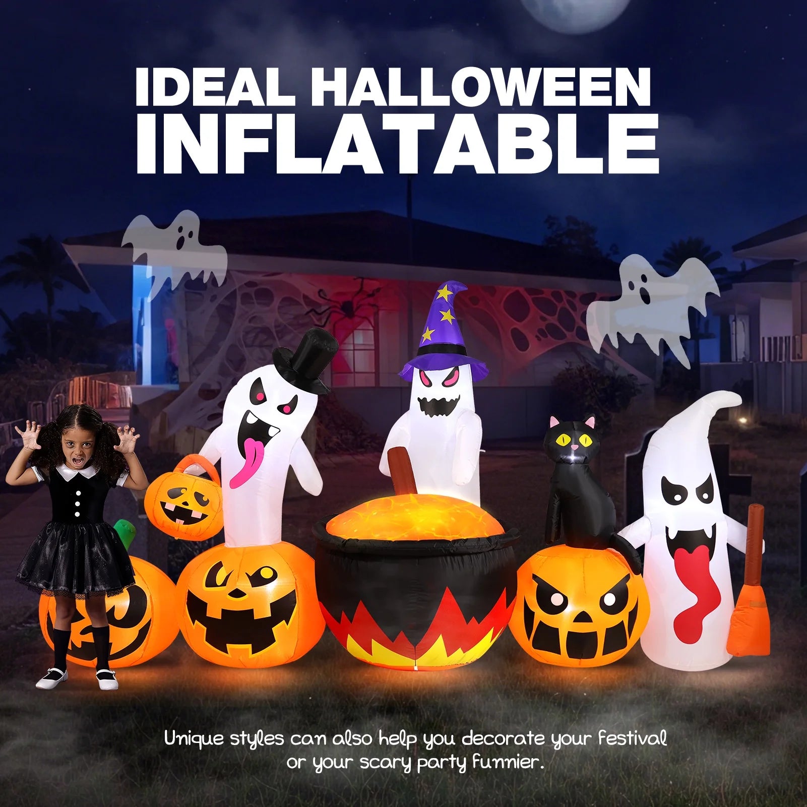 8.5FT Halloween Inflatables Pumpkin Ghost Family with Built-In LED Lights