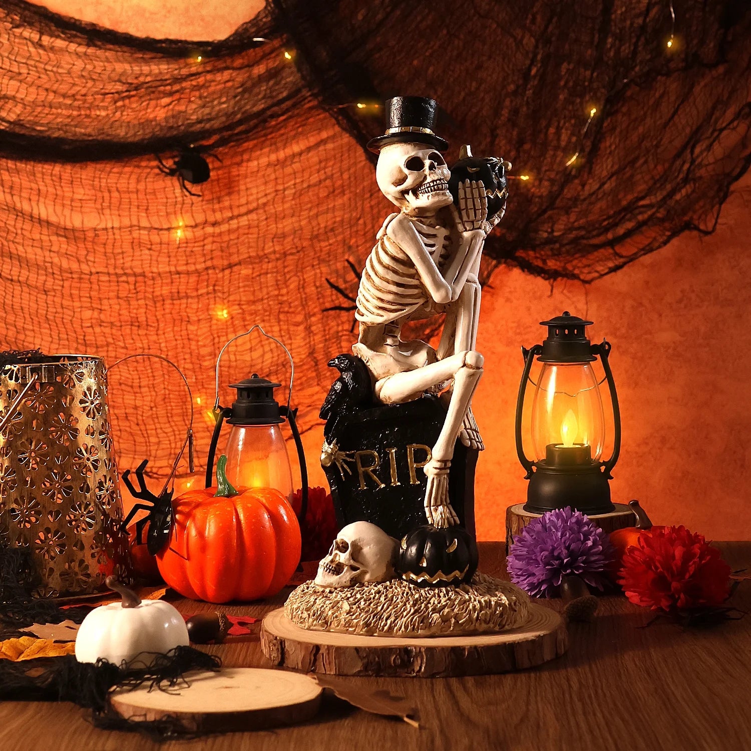 Halloween Skeleton Decorations, Resin Skeleton Figurines on Tombstone