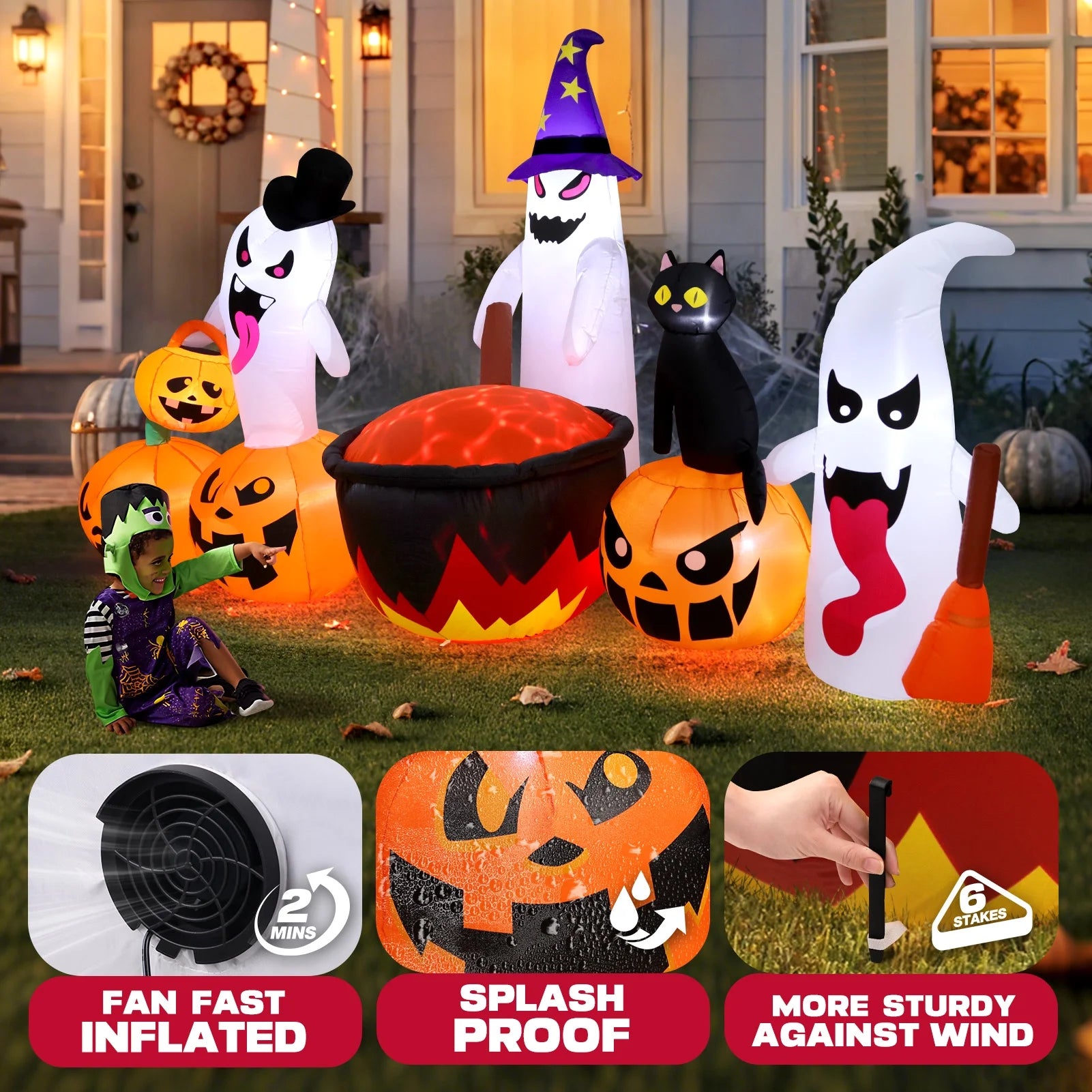 8.5FT Halloween Inflatables Pumpkin Ghost Family with Built-In LED Lights