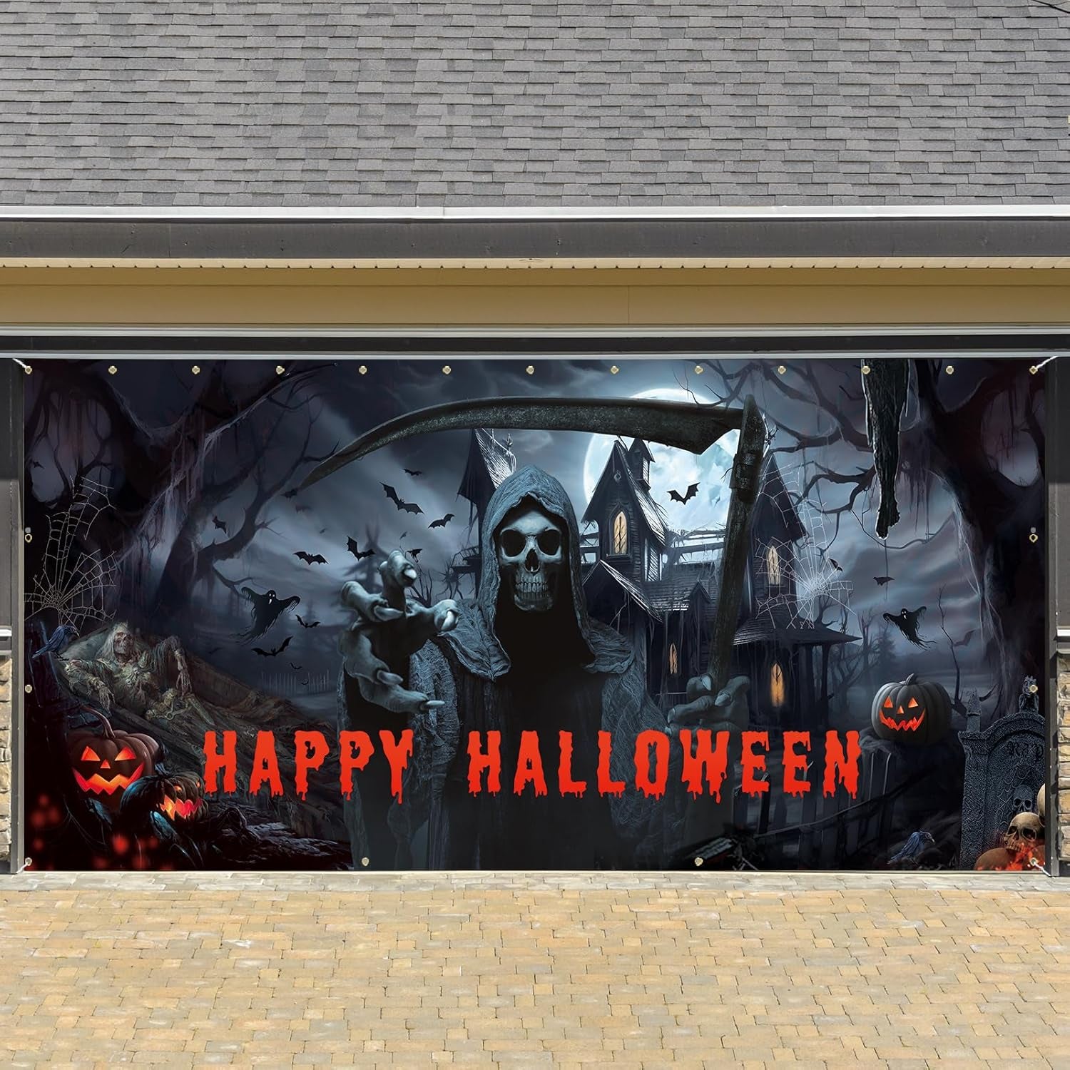 Crenics Halloween Garage Door Cover 7X16 Ft 