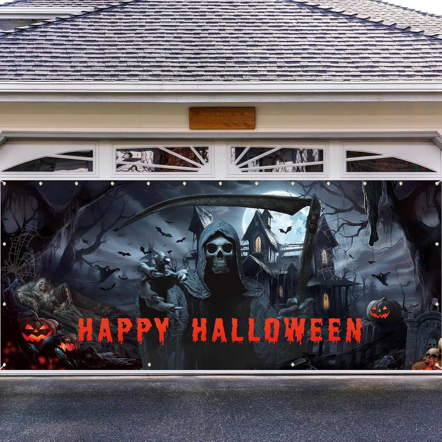 Crenics Halloween Garage Door Cover 7X16 Ft 