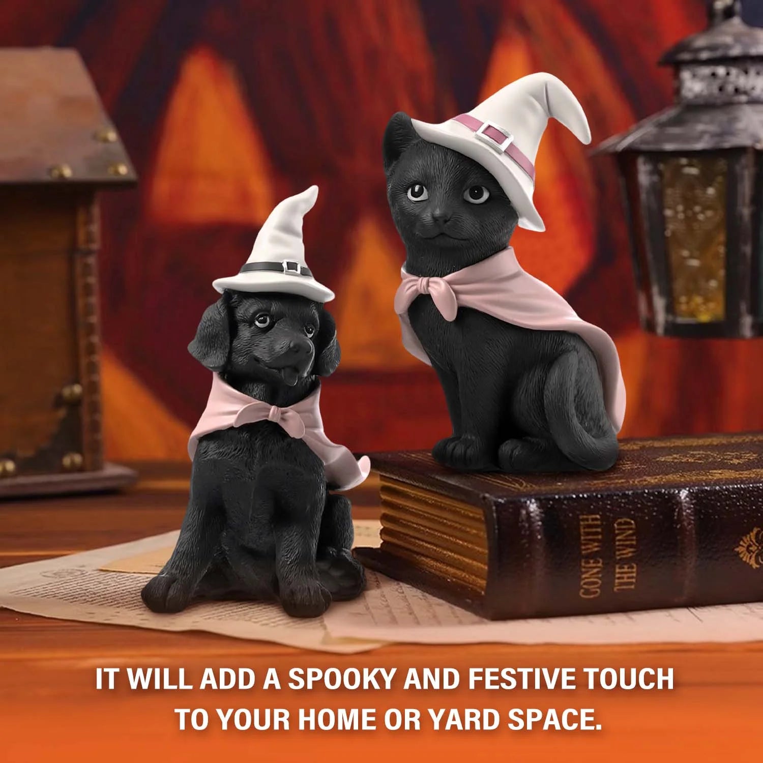 Set of 2, Black Cat and Black Dog for Vintage Halloween Cat Decor