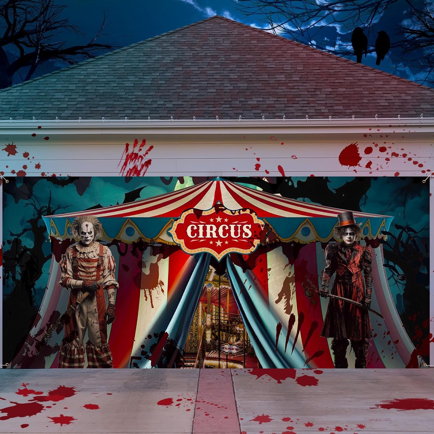 Halloween Evil Circus Garage Door Banner - Scary Clown Decorations 6X13 Ft