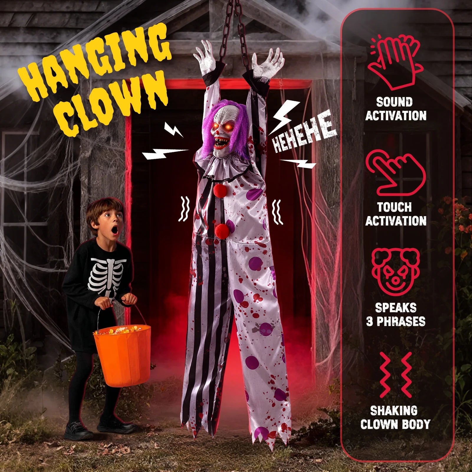 59In Halloween Animatronics, Hanging Halloween Clown Sound Sensor