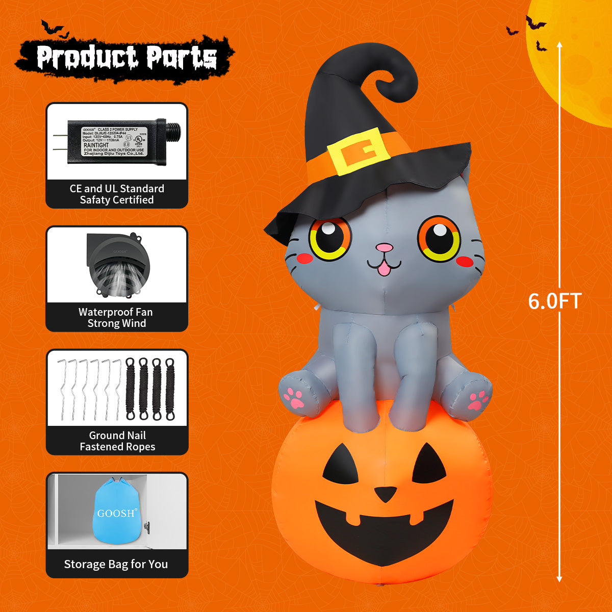 Halloween Inflatable 6 FT Inflatable Halloween Cat Sitting on Pumpkin