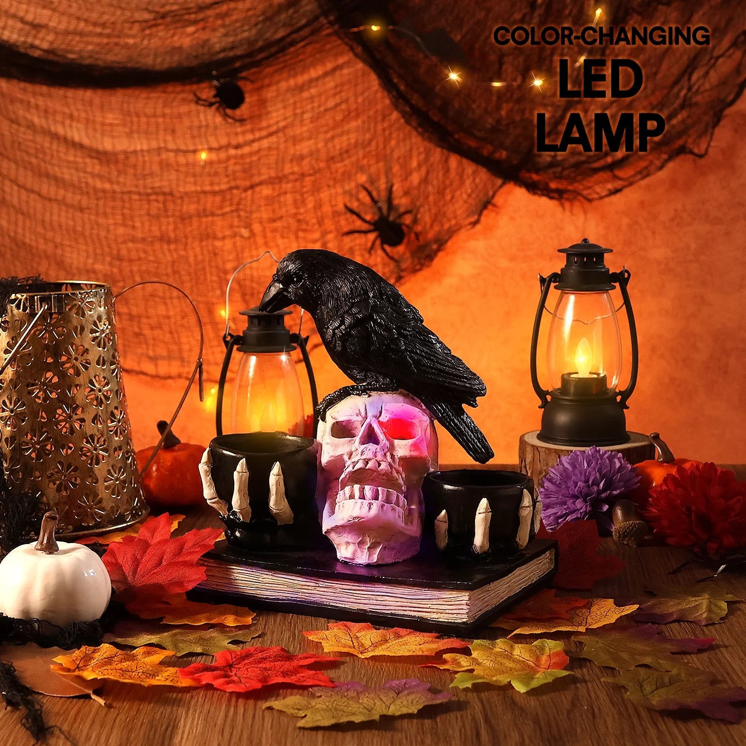 Light up Halloween Decorations Skull with Raven, Resin Halloween Candle Holder