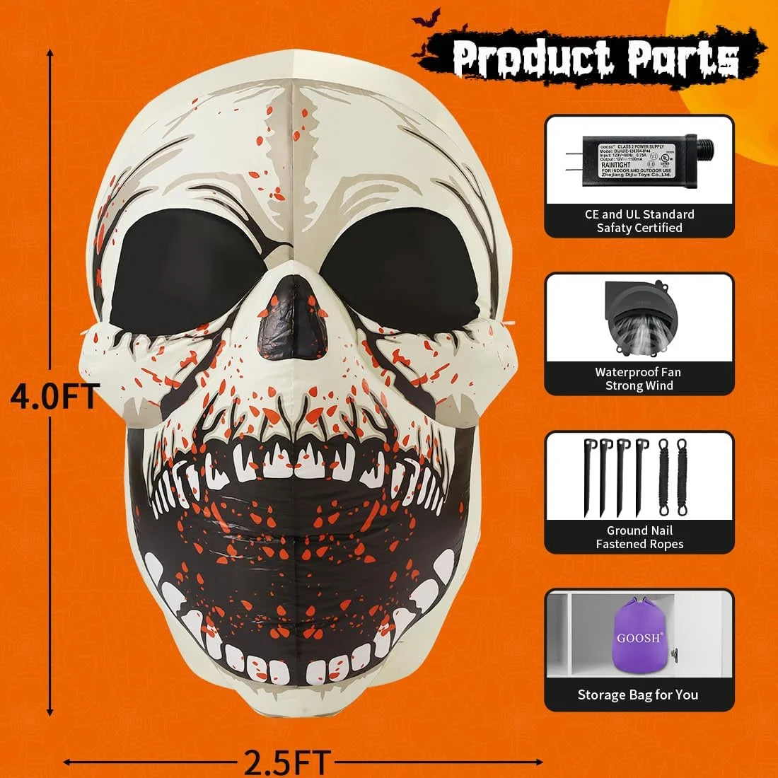 Halloween Inflatables 4 FT High Halloween Inflatable Skull with Magic Leds