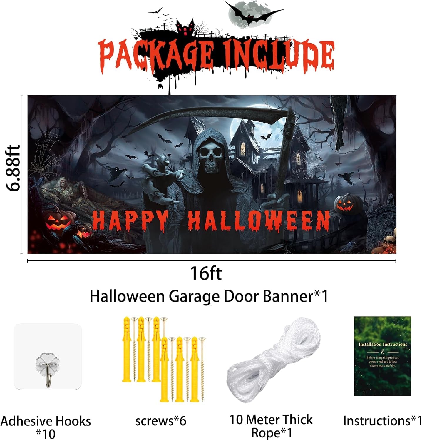 Crenics Halloween Garage Door Cover 7X16 Ft 