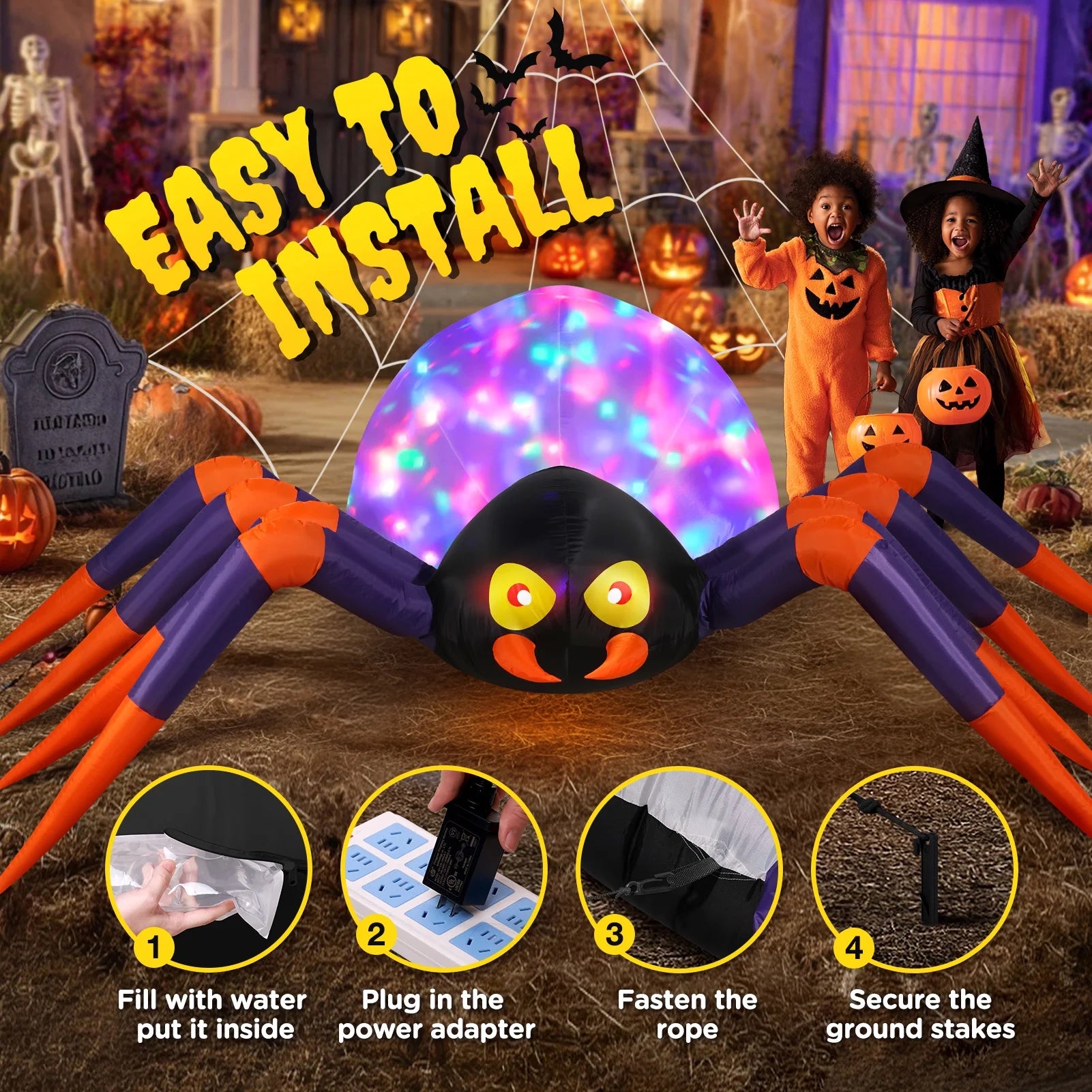 10Ft Halloween Inflatables Decorations Spider Built-In 7-Colors Changing LED Lights