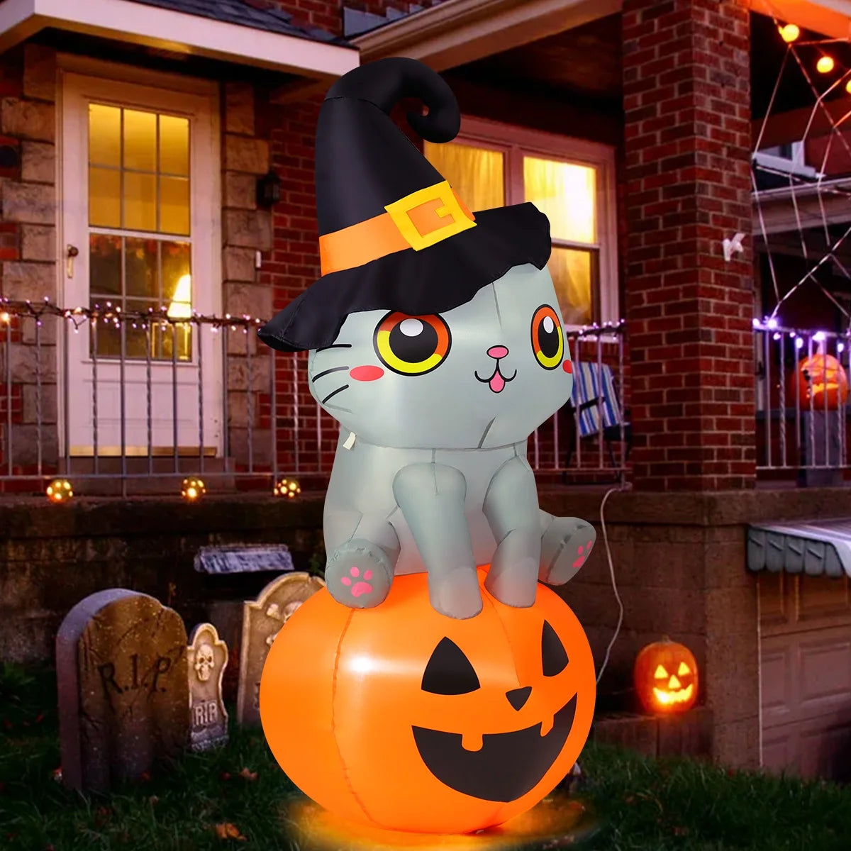 Halloween Inflatable 6 FT Inflatable Halloween Cat Sitting on Pumpkin
