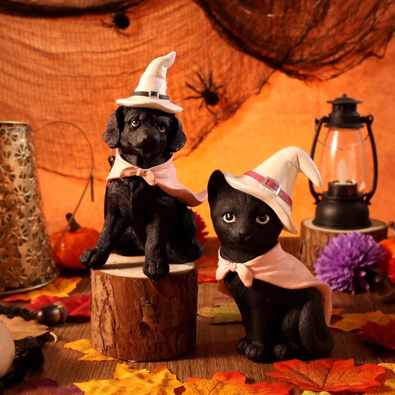 Set of 2, Black Cat and Black Dog for Vintage Halloween Cat Decor