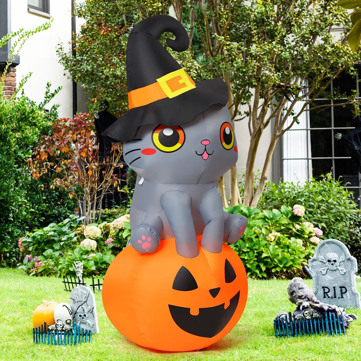 Halloween Inflatable 6 FT Inflatable Halloween Cat Sitting on Pumpkin