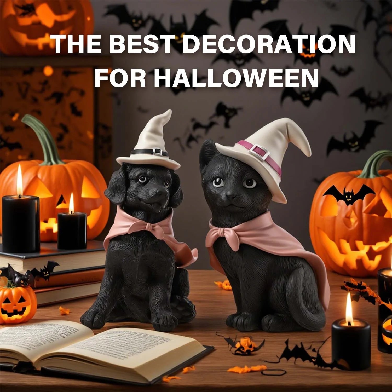 Set of 2, Black Cat and Black Dog for Vintage Halloween Cat Decor