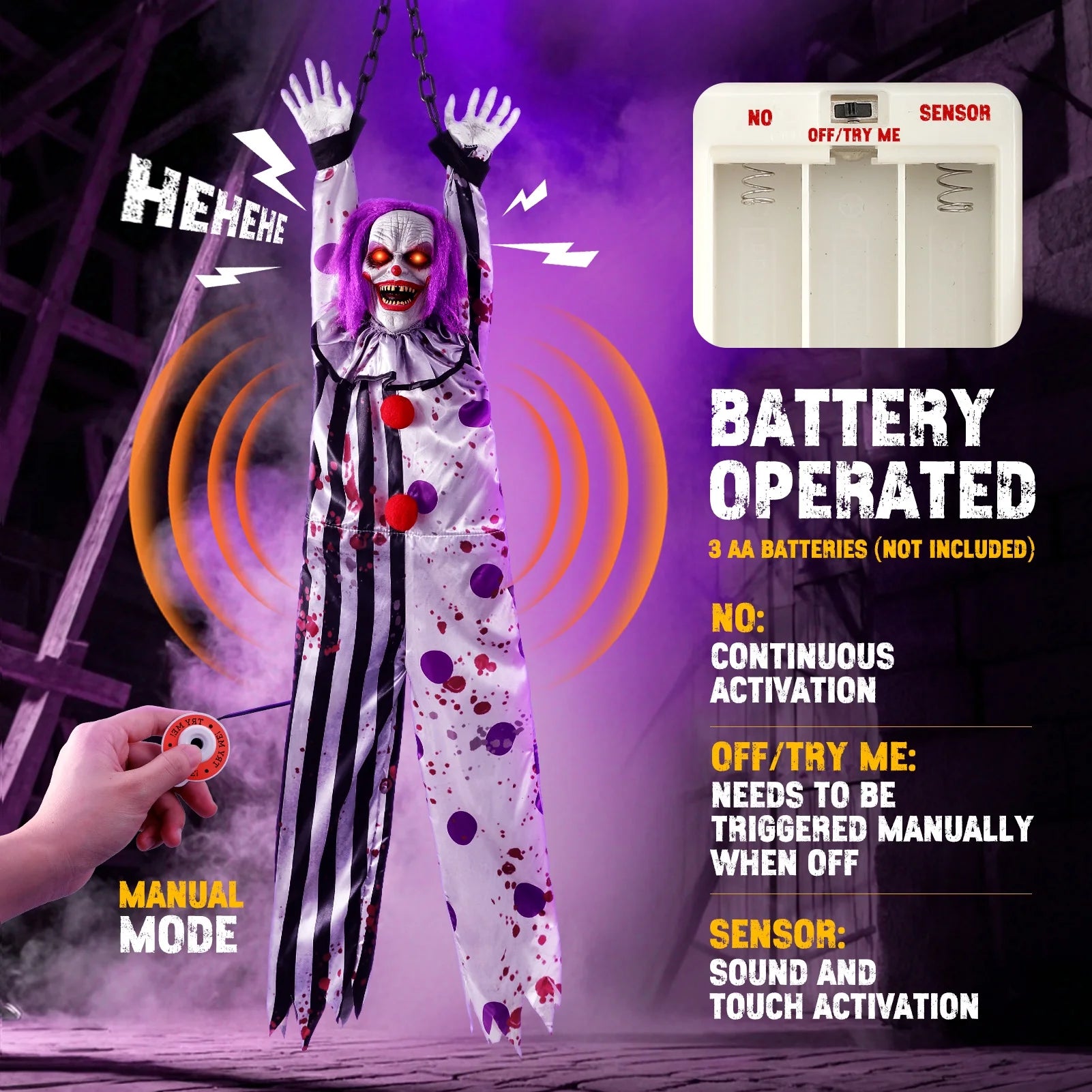 59In Halloween Animatronics, Hanging Halloween Clown Sound Sensor