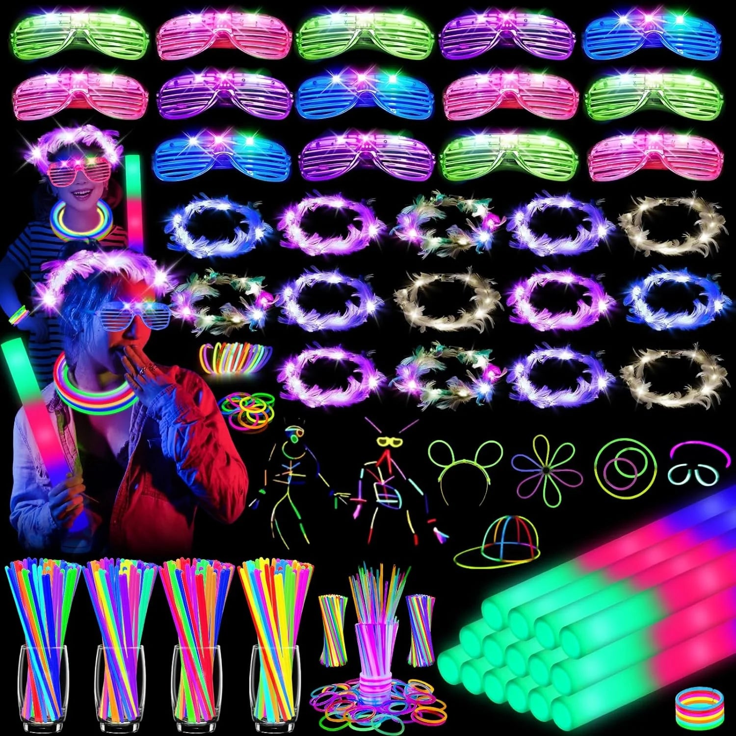 206Pcs Glow in the Dark Party Supplies for Kids Adults