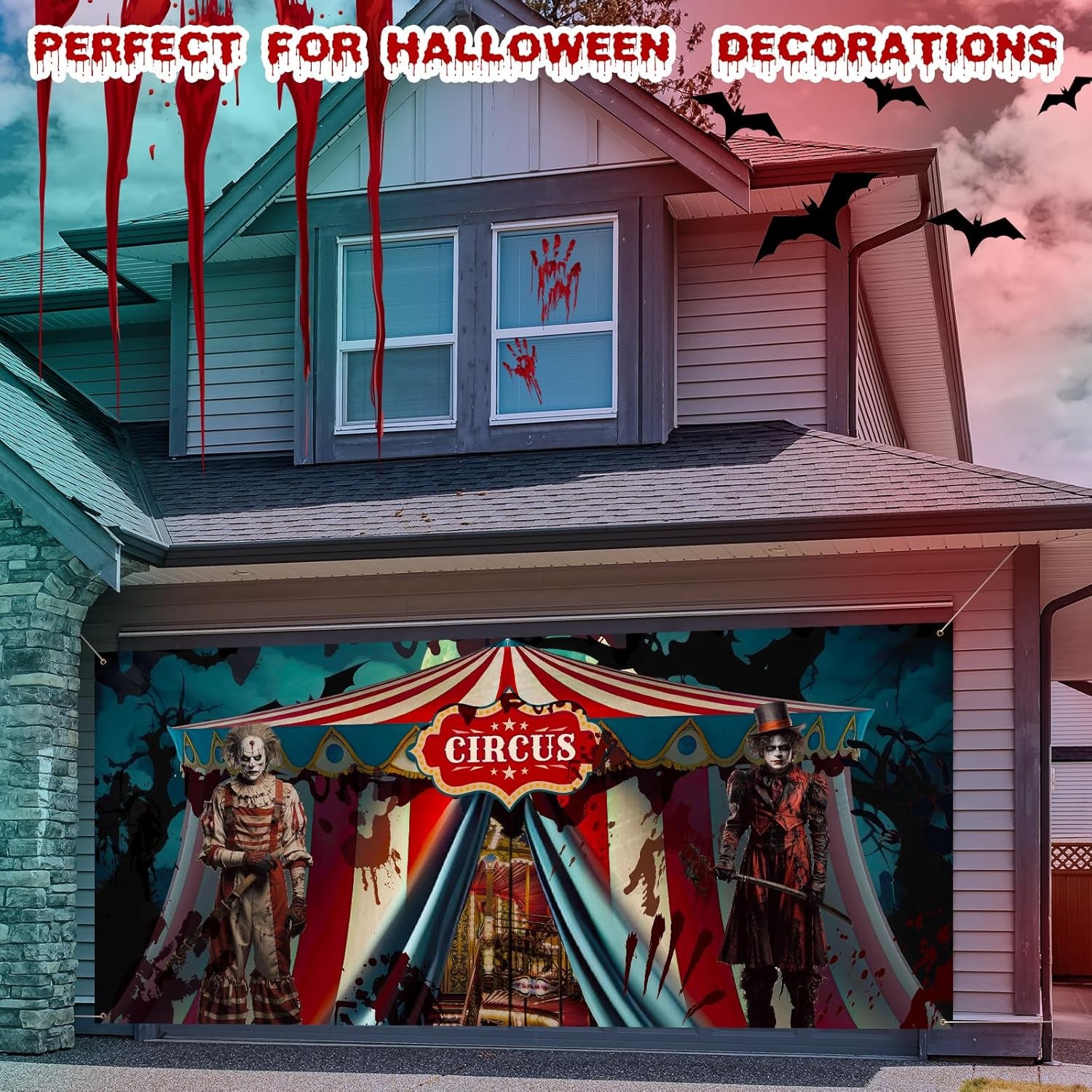 Halloween Evil Circus Garage Door Banner - Scary Clown Decorations 6X13 Ft